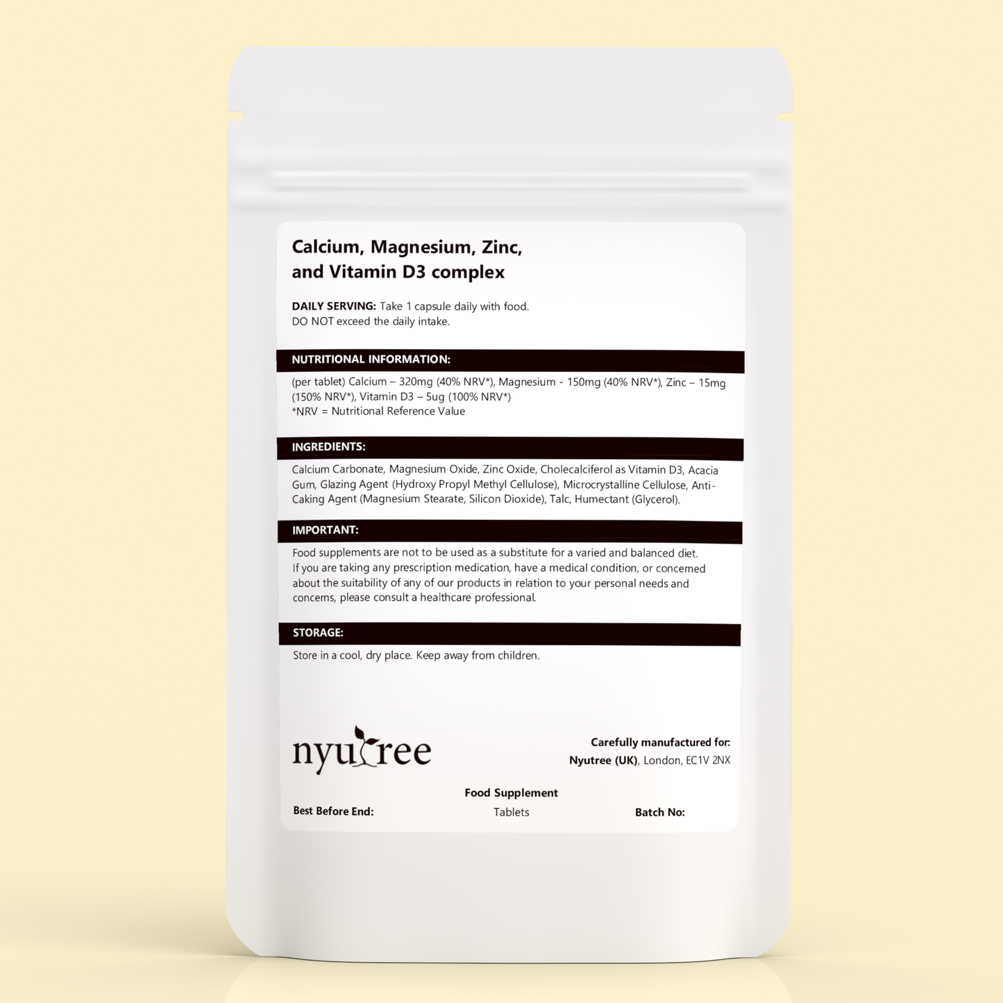 Calcium, Magnesium, Zinc & Vitamin D3 Complex - 500mg